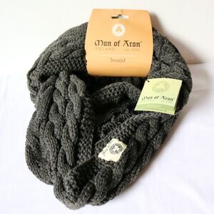 NWT - Man of Aran Ireland Snood Scarf Grey Taupe Acrylic Cable Knit Cozy Irish